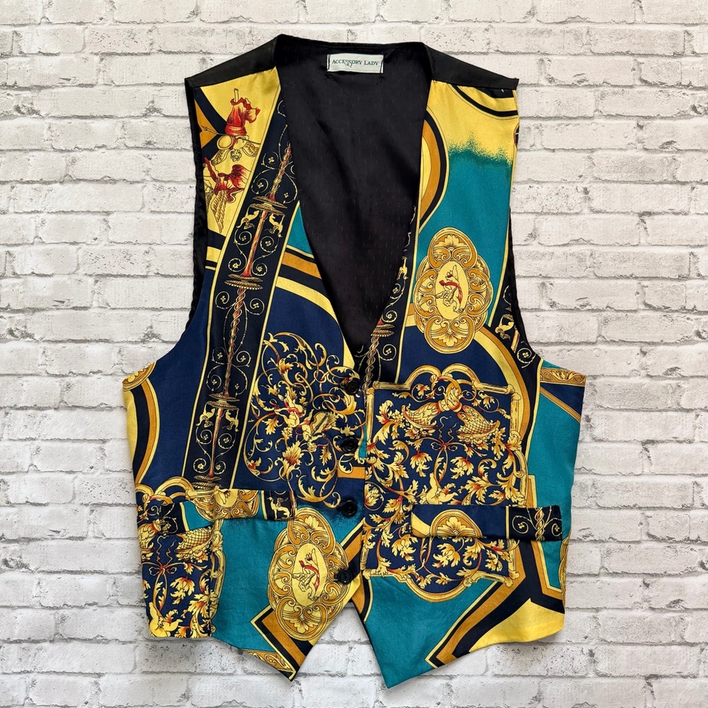 Vintage 90s Silk Gold & Blue Filigree Cherubs Vest